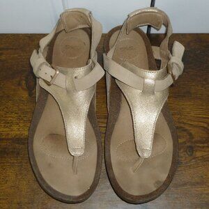 Teva Champagne Leather T Back Wedge Sandals w/Adjustable Ankle Straps